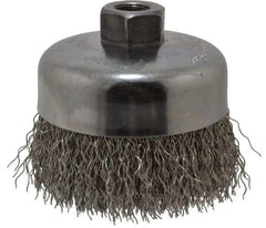 Weiler - 4" Diam, 5/8-11 Threaded Arbor, Stainless Steel Fill Cup Brush - 0.02 Wire Diam, 1-3/8" Trim Length, 9,000 Max RPM - Exact Tool & Supply