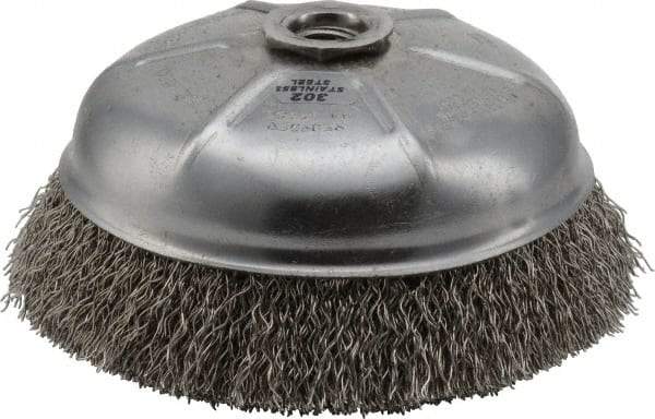 Weiler - 6" Diam, 5/8-11 Threaded Arbor, Stainless Steel Fill Cup Brush - 0.02 Wire Diam, 1-1/4" Trim Length, 6,600 Max RPM - Exact Tool & Supply