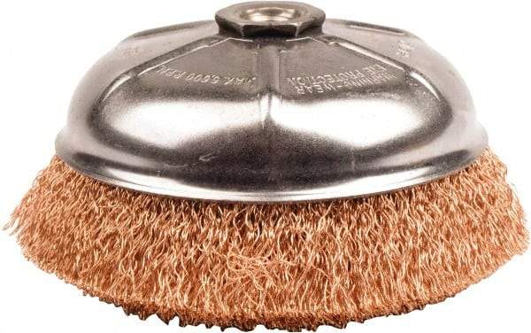 Weiler - 6" Diam, 5/8-11 Threaded Arbor, Bronze Fill Cup Brush - 0.02 Wire Diam, 1-1/4" Trim Length, 6,600 Max RPM - Exact Tool & Supply