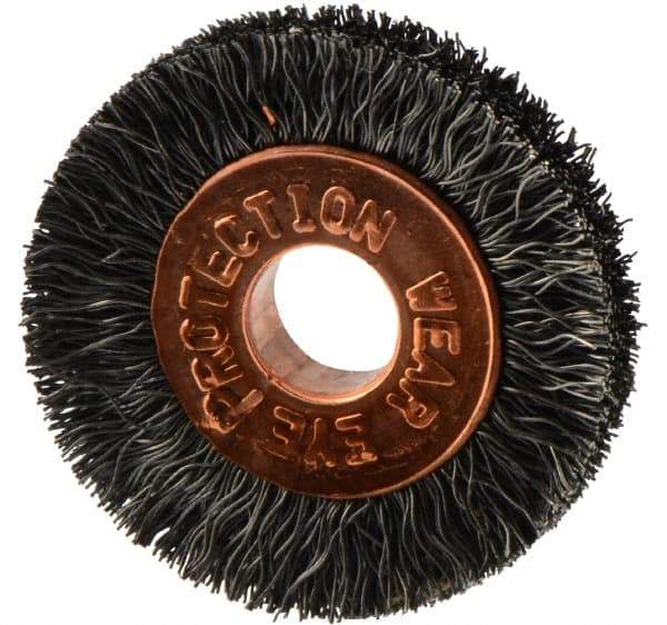 Weiler - 1" OD, 1/4" Arbor Hole, Crimped Steel Wheel Brush - 3/16" Face Width, 1/4" Trim Length, 0.006" Filament Diam, 20,000 RPM - Exact Tool & Supply