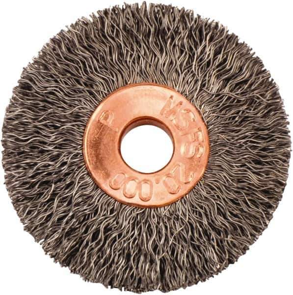 Weiler - 1-3/8" OD, 1/4" Arbor Hole, Crimped Steel Wheel Brush - 1/4" Face Width, 3/8" Trim Length, 0.008" Filament Diam, 20,000 RPM - Exact Tool & Supply