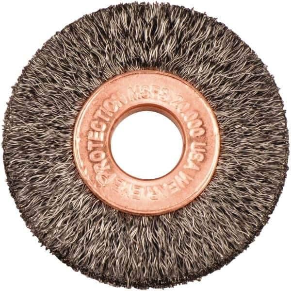 Weiler - 1-1/2" OD, 3/8" Arbor Hole, Crimped Steel Wheel Brush - 1/4" Face Width, 7/16" Trim Length, 0.006" Filament Diam, 20,000 RPM - Exact Tool & Supply