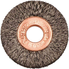Weiler - 1-1/2" OD, 3/8" Arbor Hole, Crimped Steel Wheel Brush - 1/4" Face Width, 7/16" Trim Length, 0.006" Filament Diam, 20,000 RPM - Exact Tool & Supply