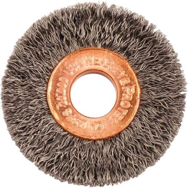 Weiler - 1-1/2" OD, 3/8" Arbor Hole, Crimped Steel Wheel Brush - 1/4" Face Width, 7/16" Trim Length, 0.008" Filament Diam, 20,000 RPM - Exact Tool & Supply