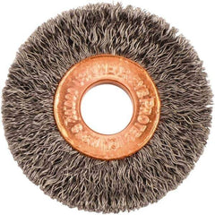 Weiler - 1-1/2" OD, 3/8" Arbor Hole, Crimped Steel Wheel Brush - 1/4" Face Width, 7/16" Trim Length, 0.008" Filament Diam, 20,000 RPM - Exact Tool & Supply