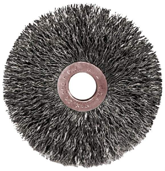 Weiler - 2" OD, 1/2" Arbor Hole, Crimped Steel Wheel Brush - 3/8" Face Width, 1/2" Trim Length, 0.0104" Filament Diam, 20,000 RPM - Exact Tool & Supply