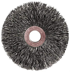 Weiler - 2" OD, 1/2" Arbor Hole, Crimped Steel Wheel Brush - 3/8" Face Width, 1/2" Trim Length, 0.0104" Filament Diam, 20,000 RPM - Exact Tool & Supply