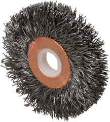 Weiler - 2" OD, 1/2" Arbor Hole, Crimped Steel Wheel Brush - 3/8" Face Width, 1/2" Trim Length, 0.014" Filament Diam, 20,000 RPM - Exact Tool & Supply