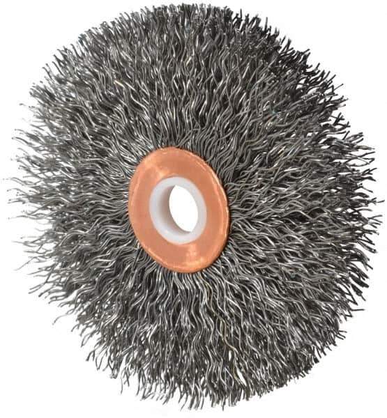 Weiler - 3" OD, 1/2" Arbor Hole, Crimped Steel Wheel Brush - 5/8" Face Width, 1" Trim Length, 0.014" Filament Diam, 20,000 RPM - Exact Tool & Supply