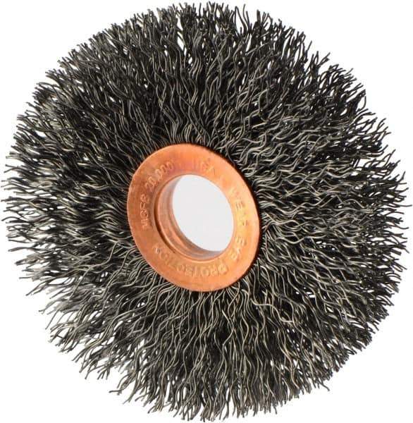 Weiler - 3" OD, 5/8" Arbor Hole, Crimped Steel Wheel Brush - 5/8" Face Width, 15/16" Trim Length, 0.014" Filament Diam, 20,000 RPM - Exact Tool & Supply