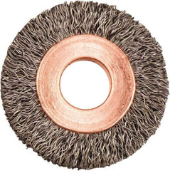 Weiler - 1-1/4" OD, 3/8" Arbor Hole, Crimped Steel Wheel Brush - 1/4" Face Width, 5/16" Trim Length, 0.008" Filament Diam, 20,000 RPM - Exact Tool & Supply