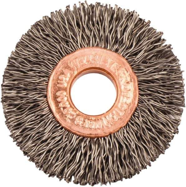Weiler - 1-1/2" OD, 3/8" Arbor Hole, Crimped Steel Wheel Brush - 1/4" Face Width, 7/16" Trim Length, 0.014" Filament Diam, 20,000 RPM - Exact Tool & Supply