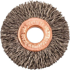 Weiler - 1-1/2" OD, 3/8" Arbor Hole, Crimped Steel Wheel Brush - 1/4" Face Width, 7/16" Trim Length, 0.014" Filament Diam, 20,000 RPM - Exact Tool & Supply
