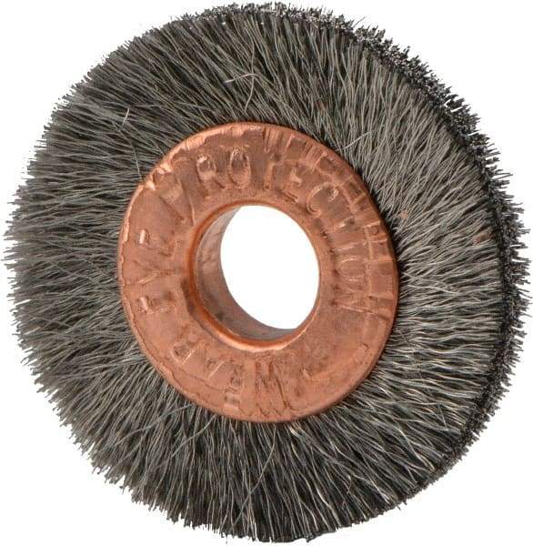 Weiler - 1" OD, 1/4" Arbor Hole, Crimped Stainless Steel Wheel Brush - 3/16" Face Width, 1/4" Trim Length, 0.003" Filament Diam, 20,000 RPM - Exact Tool & Supply