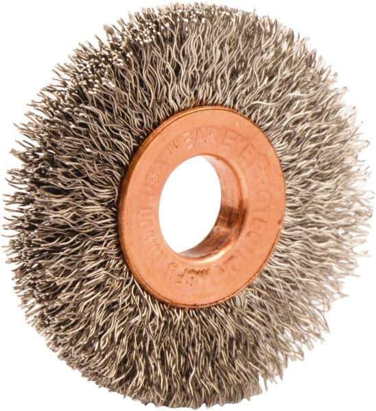 Weiler - 1-1/2" OD, 3/8" Arbor Hole, Crimped Stainless Steel Wheel Brush - 1/4" Face Width, 7/16" Trim Length, 0.008" Filament Diam, 20,000 RPM - Exact Tool & Supply