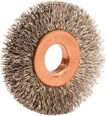 Weiler - 1-1/2" OD, 3/8" Arbor Hole, Crimped Stainless Steel Wheel Brush - 1/4" Face Width, 7/16" Trim Length, 0.008" Filament Diam, 20,000 RPM - Exact Tool & Supply