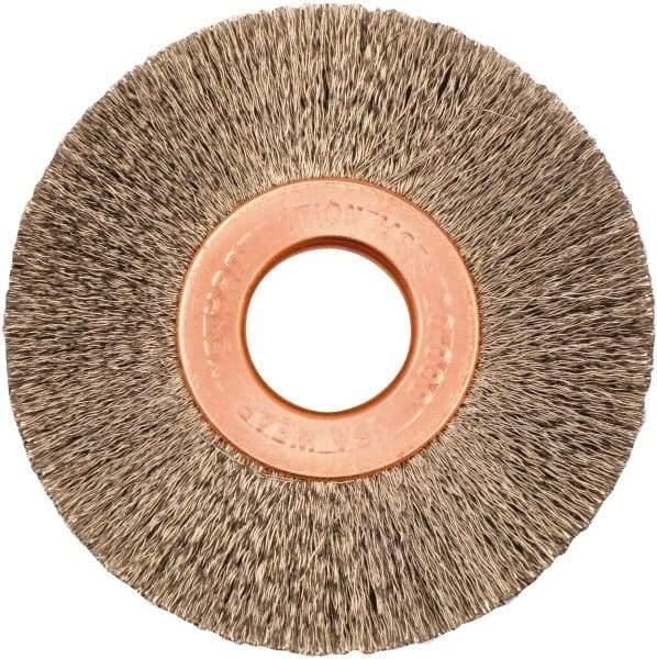 Weiler - 2" OD, 1/2" Arbor Hole, Crimped Stainless Steel Wheel Brush - 3/8" Face Width, 1/2" Trim Length, 0.005" Filament Diam, 20,000 RPM - Exact Tool & Supply