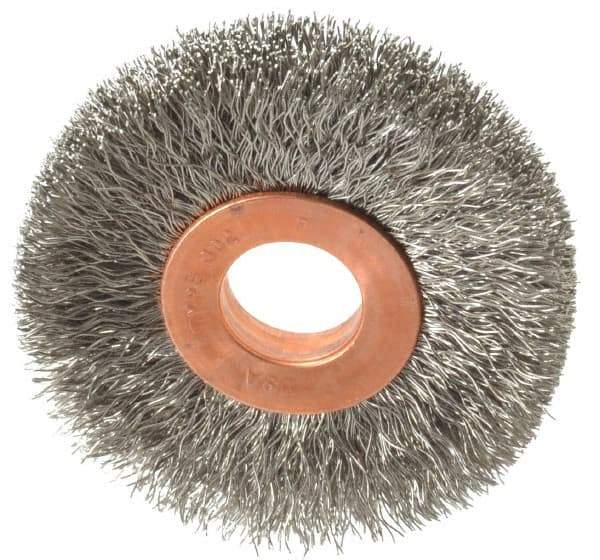 Weiler - 2" OD, 1/2" Arbor Hole, Crimped Stainless Steel Wheel Brush - 3/8" Face Width, 1/2" Trim Length, 0.008" Filament Diam, 20,000 RPM - Exact Tool & Supply