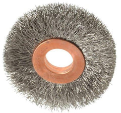 Weiler - 2" OD, 1/2" Arbor Hole, Crimped Stainless Steel Wheel Brush - 3/8" Face Width, 1/2" Trim Length, 0.008" Filament Diam, 20,000 RPM - Exact Tool & Supply