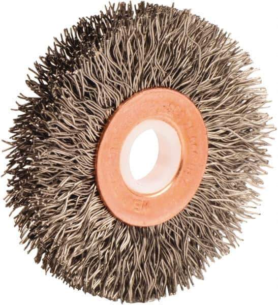 Weiler - 2" OD, 1/2" Arbor Hole, Crimped Stainless Steel Wheel Brush - 3/8" Face Width, 1/2" Trim Length, 0.014" Filament Diam, 20,000 RPM - Exact Tool & Supply