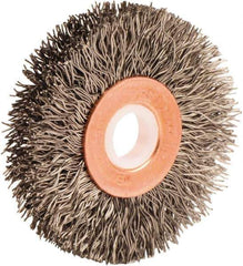 Weiler - 2" OD, 1/2" Arbor Hole, Crimped Stainless Steel Wheel Brush - 3/8" Face Width, 1/2" Trim Length, 0.014" Filament Diam, 20,000 RPM - Exact Tool & Supply