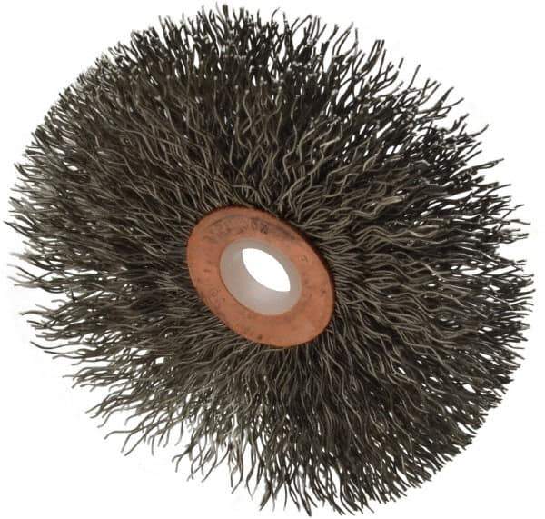 Weiler - 3" OD, 1/2" Arbor Hole, Crimped Stainless Steel Wheel Brush - 5/8" Face Width, 1" Trim Length, 0.014" Filament Diam, 20,000 RPM - Exact Tool & Supply