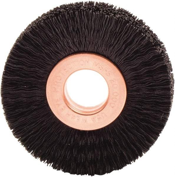 Weiler - 2" OD, 1/2" Arbor Hole, Nylon Wheel Brush - 3/8" Face Width, 1/2" Trim Length, 0.01" Filament Diam, 20,000 RPM - Exact Tool & Supply