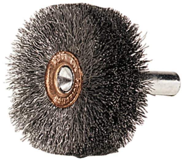 Weiler - 1-1/2" OD, 1/4" Shank Diam, Crimped Steel Wheel Brush - 1/2" Face Width, 1/2" Trim Length, 0.006" Filament Diam, 20,000 RPM - Exact Tool & Supply