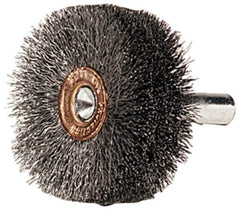 Weiler - 1-1/2" OD, 1/4" Shank Diam, Crimped Steel Wheel Brush - 1/2" Face Width, 1/2" Trim Length, 0.006" Filament Diam, 20,000 RPM - Exact Tool & Supply