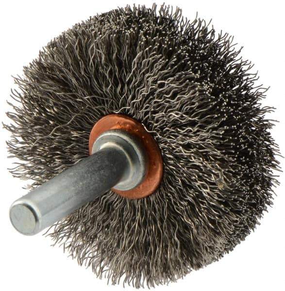 Weiler - 1-3/4" OD, 1/4" Shank Diam, Crimped Stainless Steel Wheel Brush - 1/2" Face Width, 5/8" Trim Length, 0.008" Filament Diam, 20,000 RPM - Exact Tool & Supply