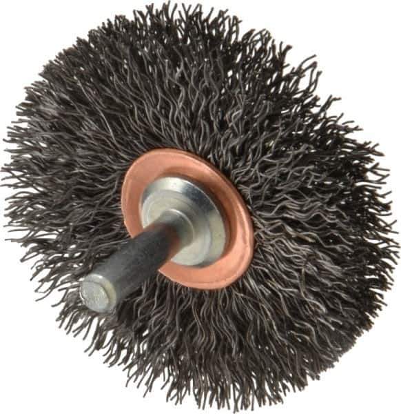 Weiler - 2-1/2" OD, 1/4" Shank Diam, Crimped Steel Wheel Brush - 3/8" Face Width, 3/4" Trim Length, 0.014" Filament Diam, 20,000 RPM - Exact Tool & Supply