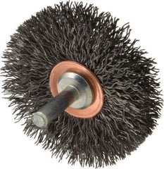 Weiler - 2-1/2" OD, 1/4" Shank Diam, Crimped Steel Wheel Brush - 3/8" Face Width, 3/4" Trim Length, 0.014" Filament Diam, 20,000 RPM - Exact Tool & Supply
