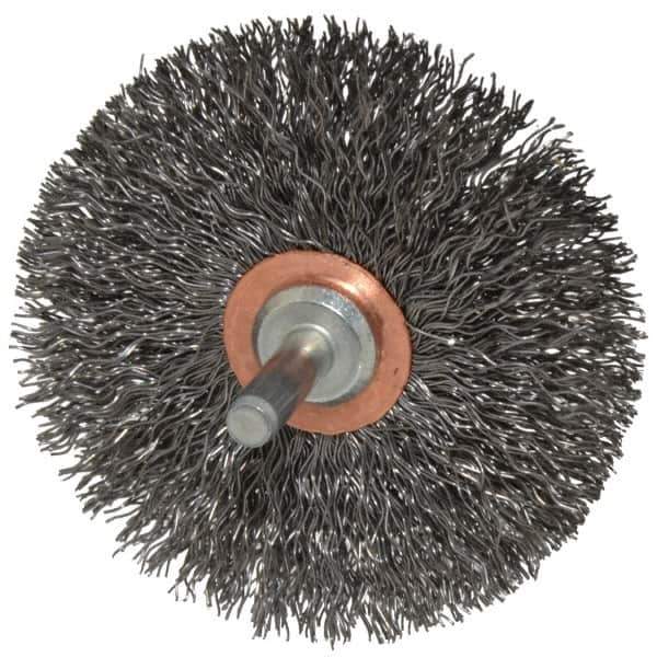Weiler - 3" OD, 1/4" Shank Diam, Crimped Steel Wheel Brush - 1/2" Face Width, 1" Trim Length, 0.014" Filament Diam, 20,000 RPM - Exact Tool & Supply