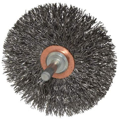 Weiler - 3" OD, 1/4" Shank Diam, Crimped Steel Wheel Brush - 1/2" Face Width, 1" Trim Length, 0.014" Filament Diam, 20,000 RPM - Exact Tool & Supply