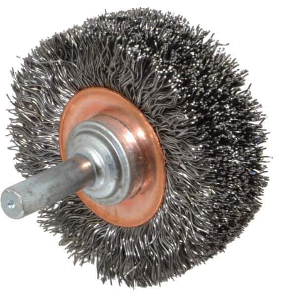 Weiler - 2" OD, 1/4" Shank Diam, Crimped Steel Wheel Brush - 3/4" Face Width, 7/16" Trim Length, 0.0118" Filament Diam, 20,000 RPM - Exact Tool & Supply