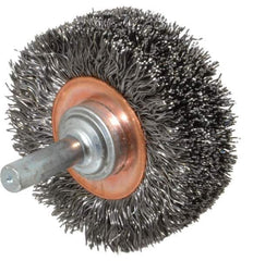 Weiler - 2" OD, 1/4" Shank Diam, Crimped Steel Wheel Brush - 3/4" Face Width, 7/16" Trim Length, 0.0118" Filament Diam, 20,000 RPM - Exact Tool & Supply