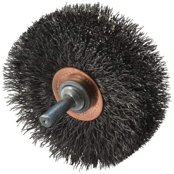 Weiler - 3" OD, 1/4" Shank Diam, Crimped Steel Wheel Brush - 1" Face Width, 15/16" Trim Length, 0.0118" Filament Diam, 20,000 RPM - Exact Tool & Supply