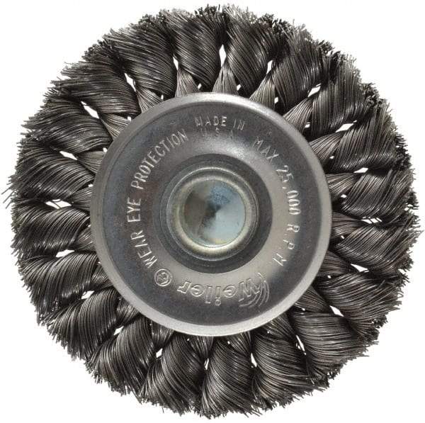 Weiler - 3-1/4" OD, 1/4" Shank Diam, Knotted Steel Wheel Brush - 3/8" Face Width, 5/8" Trim Length, 0.0118" Filament Diam, 25,000 RPM - Exact Tool & Supply