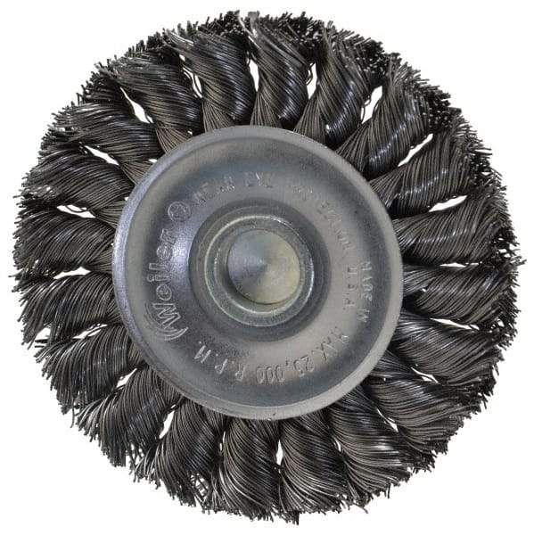 Weiler - 3-1/4" OD, 1/4" Shank Diam, Knotted Steel Wheel Brush - 3/8" Face Width, 5/8" Trim Length, 0.014" Filament Diam, 25,000 RPM - Exact Tool & Supply