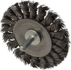 Weiler - 3-1/4" OD, 1/4" Shank Diam, Knotted Steel Wheel Brush - 3/8" Face Width, 5/8" Trim Length, 0.02" Filament Diam, 25,000 RPM - Exact Tool & Supply