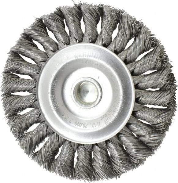 Weiler - 4" OD, 1/4" Shank Diam, Knotted Steel Wheel Brush - 1/2" Face Width, 7/8" Trim Length, 0.0118" Filament Diam, 20,000 RPM - Exact Tool & Supply