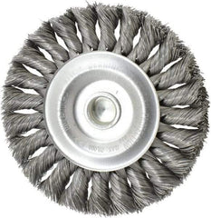 Weiler - 4" OD, 1/4" Shank Diam, Knotted Steel Wheel Brush - 1/2" Face Width, 7/8" Trim Length, 0.0118" Filament Diam, 20,000 RPM - Exact Tool & Supply