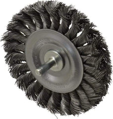 Weiler - 4" OD, 1/4" Shank Diam, Knotted Steel Wheel Brush - 1/2" Face Width, 7/8" Trim Length, 0.014" Filament Diam, 20,000 RPM - Exact Tool & Supply