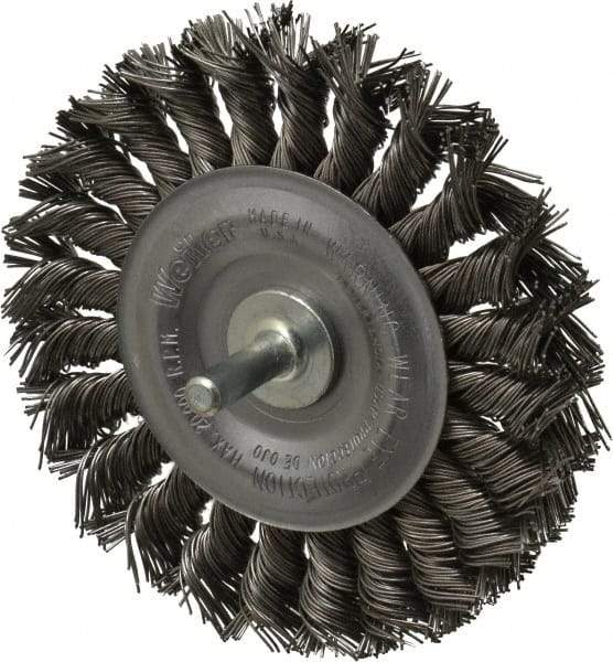 Weiler - 4" OD, 1/4" Shank Diam, Knotted Steel Wheel Brush - 1/2" Face Width, 7/8" Trim Length, 0.02" Filament Diam, 20,000 RPM - Exact Tool & Supply