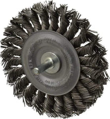 Weiler - 4" OD, 1/4" Shank Diam, Knotted Steel Wheel Brush - 1/2" Face Width, 7/8" Trim Length, 0.02" Filament Diam, 20,000 RPM - Exact Tool & Supply