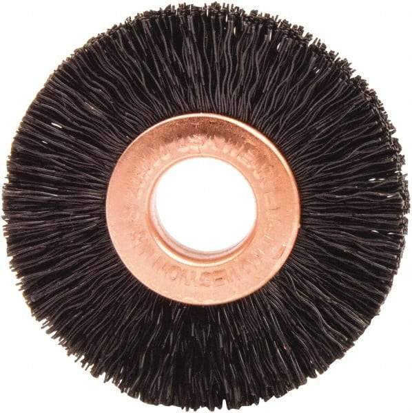 Weiler - 1-1/2" OD, 3/8" Arbor Hole, Nylon Wheel Brush - 1/4" Face Width, 7/16" Trim Length, 0.01" Filament Diam, 20,000 RPM - Exact Tool & Supply