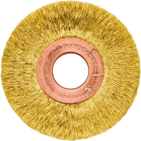 Weiler - 2" OD, 1/2" Arbor Hole, Crimped Brass Wheel Brush - 3/8" Face Width, 1/2" Trim Length, 0.005" Filament Diam, 20,000 RPM - Exact Tool & Supply