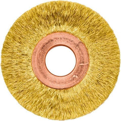 Weiler - 2" OD, 1/2" Arbor Hole, Crimped Brass Wheel Brush - 3/8" Face Width, 1/2" Trim Length, 0.005" Filament Diam, 20,000 RPM - Exact Tool & Supply