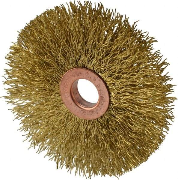 Weiler - 3" OD, 1/2" Arbor Hole, Crimped Brass Wheel Brush - 5/8" Face Width, 1" Trim Length, 0.014" Filament Diam, 20,000 RPM - Exact Tool & Supply