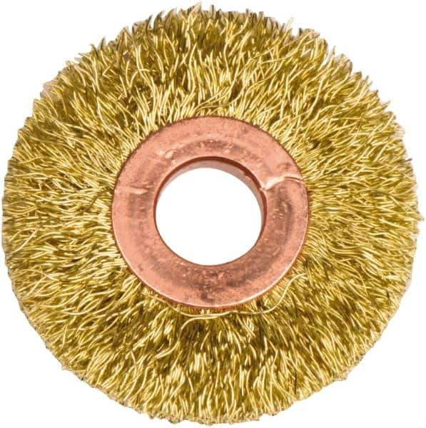 Weiler - 2" OD, 1/2" Arbor Hole, Crimped Brass Wheel Brush - 3/8" Face Width, 1/2" Trim Length, 0.0118" Filament Diam, 20,000 RPM - Exact Tool & Supply